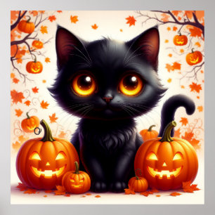 Póster Gato Negro Y Calabaza De Halloween Exposición De O