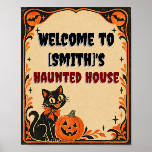 Póster Gato negro y calabaza de Halloween vintage
