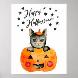 Póster Gato negro y calabaza | Feliz Halloween