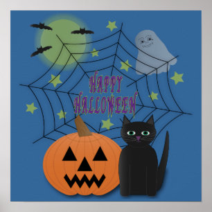 Póster Gato negro y calabaza no asusta Halloween