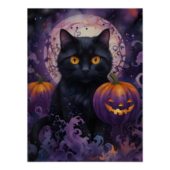 Póster Gato negro y calabazas de Halloween a la luz de la (Anverso)