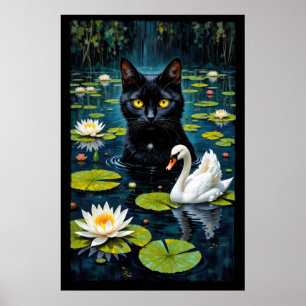 Póster Gato negro y cisne en un estanque lleno de agua