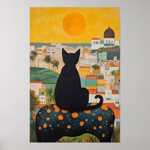 Póster Gato Negro y Ciudad Hermosa
