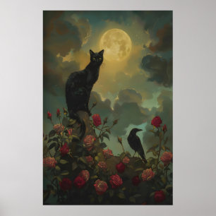 Póster Gato negro y cuervo con rosas bajo luna llena