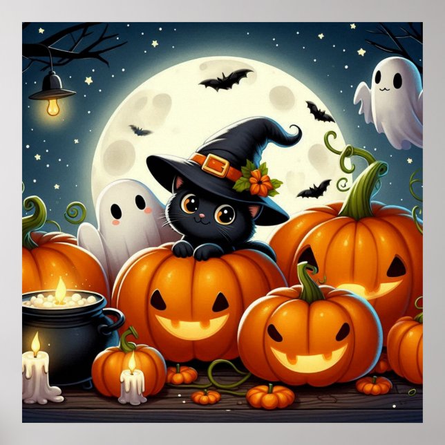 Póster Gato negro y fantasma en un parche de calabaza (Frente)