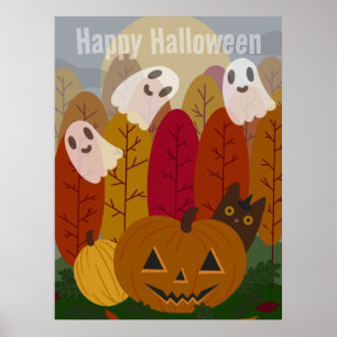 Póster Gato negro y fantasmas lindos de Halloween, calaba