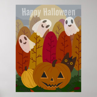 Póster Gato negro y fantasmas lindos de Halloween, calaba