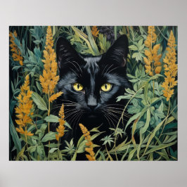 Póster Gato negro y flores