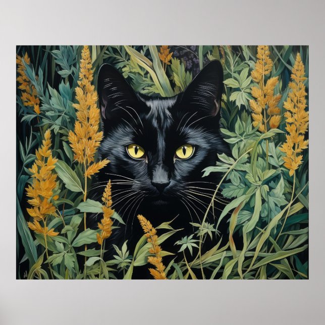 Póster Gato negro y flores (Frente)
