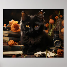 Póster Gato negro y flores