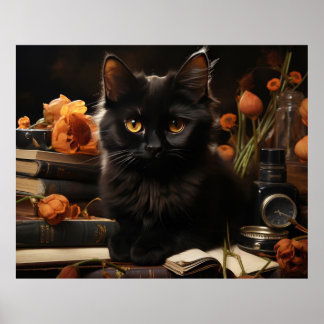 Póster Gato negro y flores
