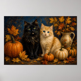 Póster Gato negro y gato naranja de Halloween vintage