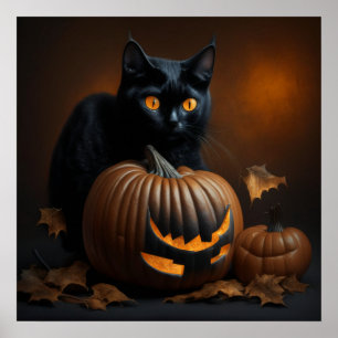 Póster Gato negro y Jack-O-Lantern
