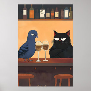 Póster Gato negro y pájaro divertidos
