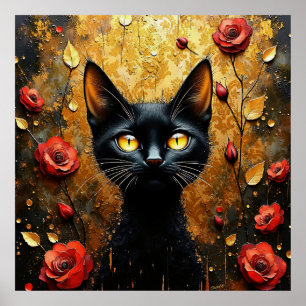 Póster Gato Negro y Rosas