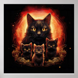 Póster Gato Negro Y Sus Tres Gatitos