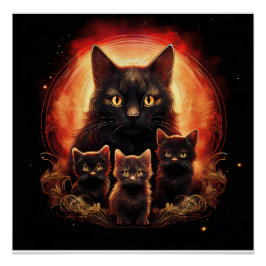 Póster Gato Negro Y Sus Tres Gatitos