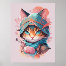 Póster Gato Ninja de acuarela cúpula