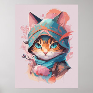 Póster Gato Ninja de acuarela cúpula