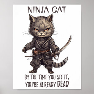 Póster Gato Ninja, japonés samurai kawaii Cat Tattoo Funn