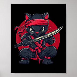 Póster Gato Ninja Samurai Japón Bandera japonesa Kawaii F