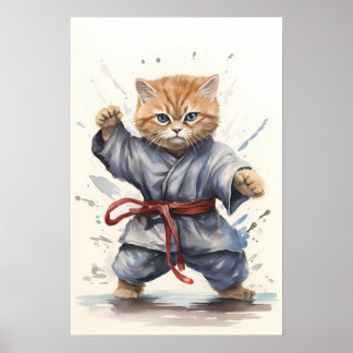 Póster Gato Ninja: un guerrero de acuarela dulce y feroz