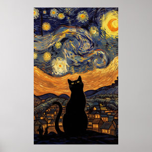 Póster Gato Noche Estrellada inspirado en Van Gogh Cielo 