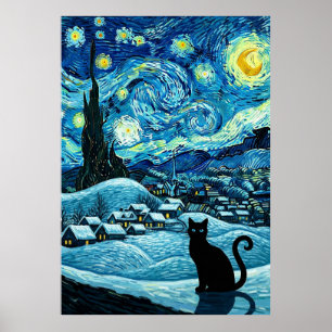 Póster Gato Noche Estrellada inspirado en Van Gogh Cielo 