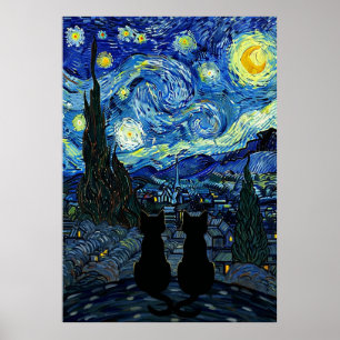 Póster Gato Noche Estrellada inspirado en Van Gogh Cielo 