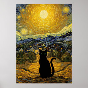Póster Gato Noche Estrellada inspirado en Van Gogh Cielo 
