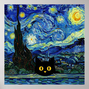 Póster Gato Noche Estrellada inspirado en Van Gogh Cielo 
