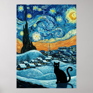 Póster Gato Noche Estrellada inspirado en Van Gogh Cielo 