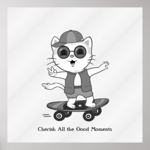 Póster Gato patinador feliz con gafas de sol grises plate