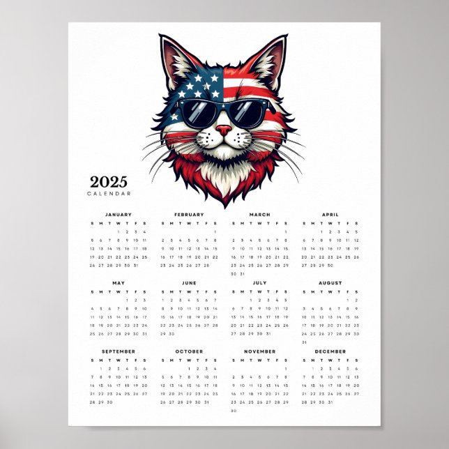 Póster Gato patriótico en el calendario rojo, blanco y az (Frente)