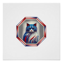 Póster Gato Patriótico Rojo Blanco & Azul En Marco