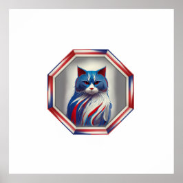 Póster Gato patriótico rojo blanco y azul en marco