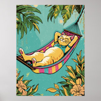 Póster Gato perezoso en una hamaca colorida