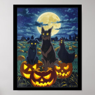 Póster Gato Perro Pollo Calabaza de Halloween Negro de Mu