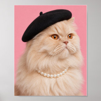 Póster Gato Persa con collar de perlas y boina