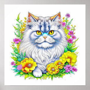 Póster Gato persa con flores amarillas y rosas