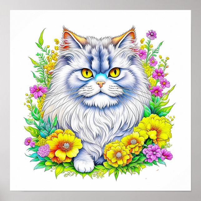Póster Gato persa con flores amarillas y rosas (Frente)