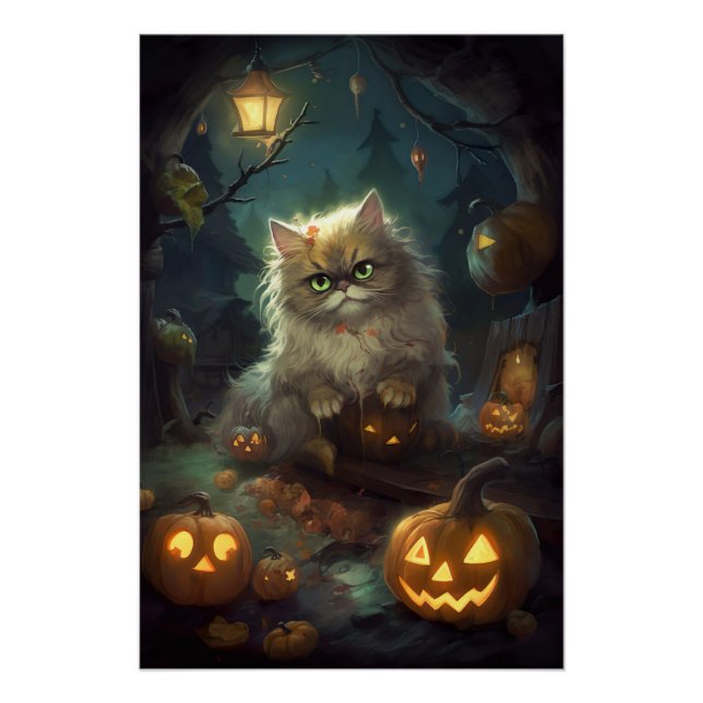 Póster Gato Persa de Halloween con Calabazas Espeluznante (Anverso)