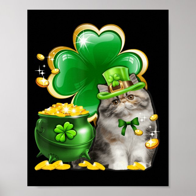 Póster Gato persa lindo Shamrock irlandés St Patrick D (Frente)