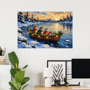 Póster Gato Persa Navidad Barco Fiesta