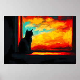 Póster Gato Pop Art al Atardecer - Vista desde la ventana