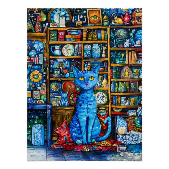 Póster Gato por una colorida estantería (Anverso)