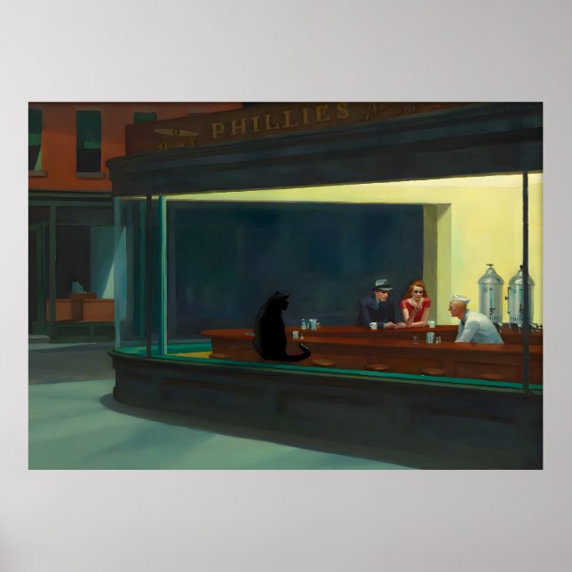 Póster Gato Poster Famoso de la pintura Hopper Nighthawks (Frente)