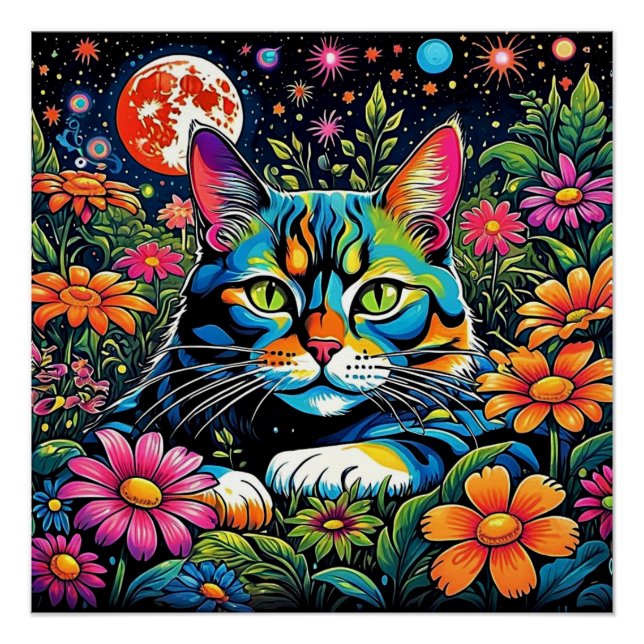 Póster Gato psicodélico entre flores (Anverso)