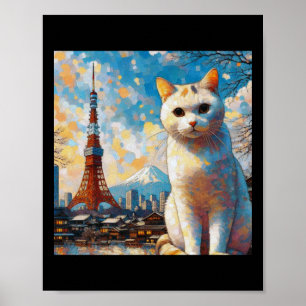 Póster Gato que contempla la Torre de Tokio con el Monte