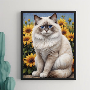 Póster Gato Ragdoll con flores Mascota caprichoso